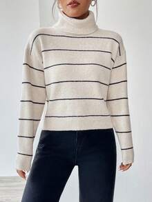 SHEIN Unity Mẫu sọc Áo cao cổ Thả vai Áo len - Xám - Xem 7