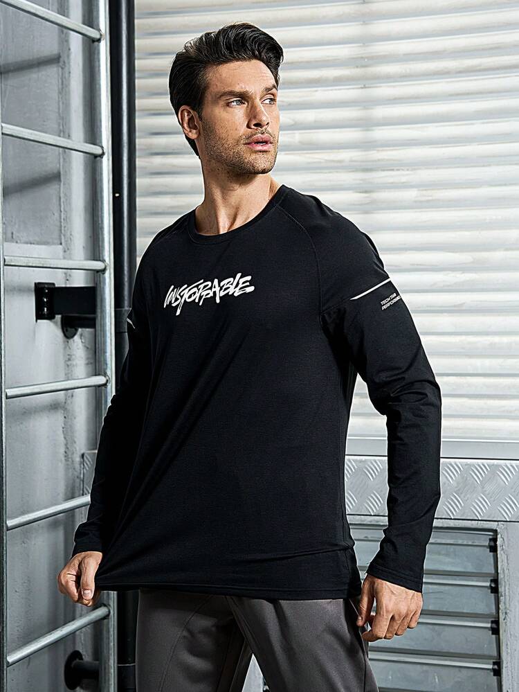Men Letter Graphic Sports Tee Long Sleeve Shirt Compression Shirt Men
