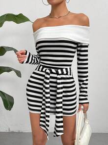 SHEIN Essnce 女士條紋露肩上衣和前扣裙套裝 - 黑與白 - 查看 2
