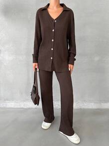 RueChic Drop Shoulder Button Front Tee & Pants - Brown - View 4