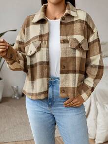 SHEIN Clasi Plus Plaid Print Drop Shoulder Jacket - Khaki - View 6