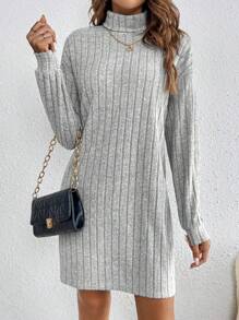 SHEIN Frenchy Turtleneck Drop Shoulder Grain Fabric Dress With Sleeves Ribbed Knit Dress - Grey - View 1