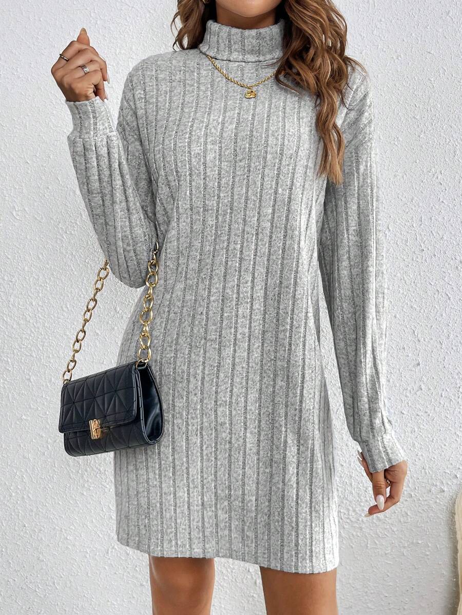SHEIN Frenchy Turtleneck Drop Shoulder Grain Fabric Dress With Sleeves Ribbed Knit Dress - Grey - View 1