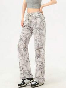 Nastoletnie dziewczyny Styl Vintage Kamuflaż Nadruk Luźny, swobodny Dopasowane & Wygodna Dżins Spodnie z szerokimi nogawkami Z Regulowany  Sznurek do ściągacza - Szary - Zobacz 4