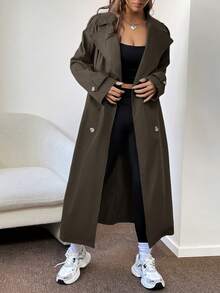 Muchica Turn-down Collar Button Up Long Trench Coat - Army Green - View 6