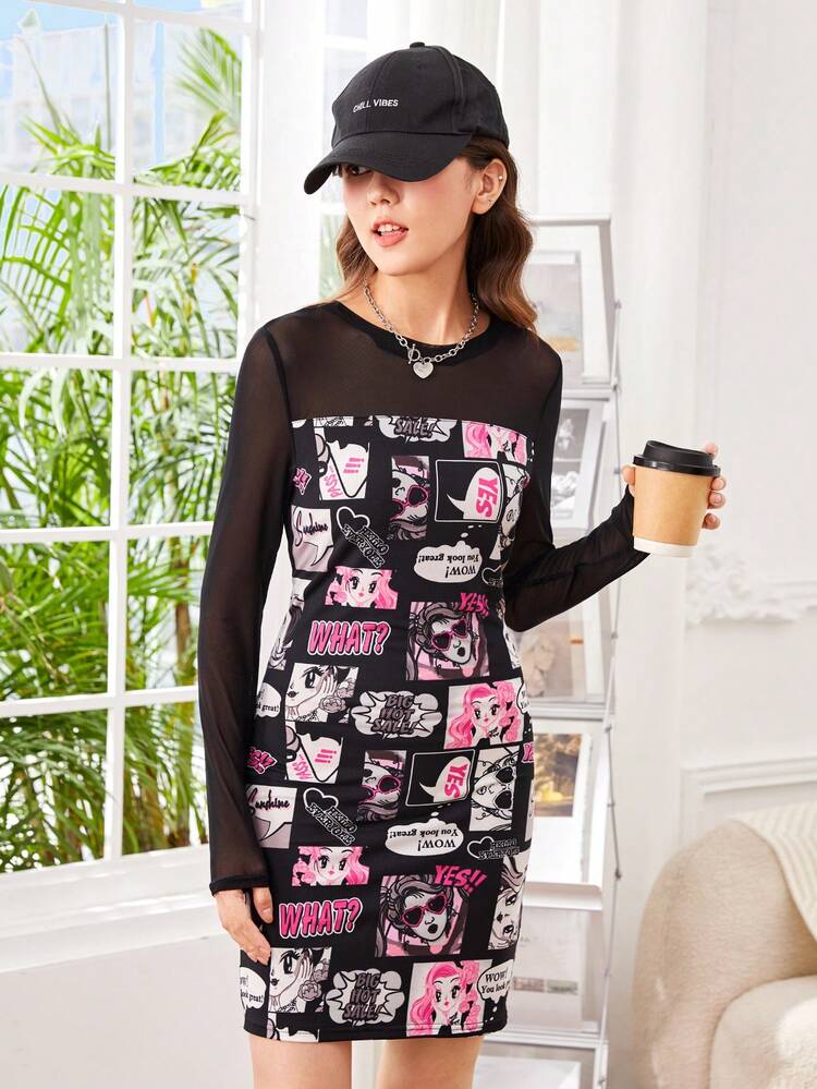Teen Girls Cartoon Character Printed Mesh Contrast Dress