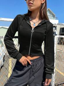 SHEIN EZwear 拉鍊&抽繩連帽短版運動衫 - 黑色 - 查看 1