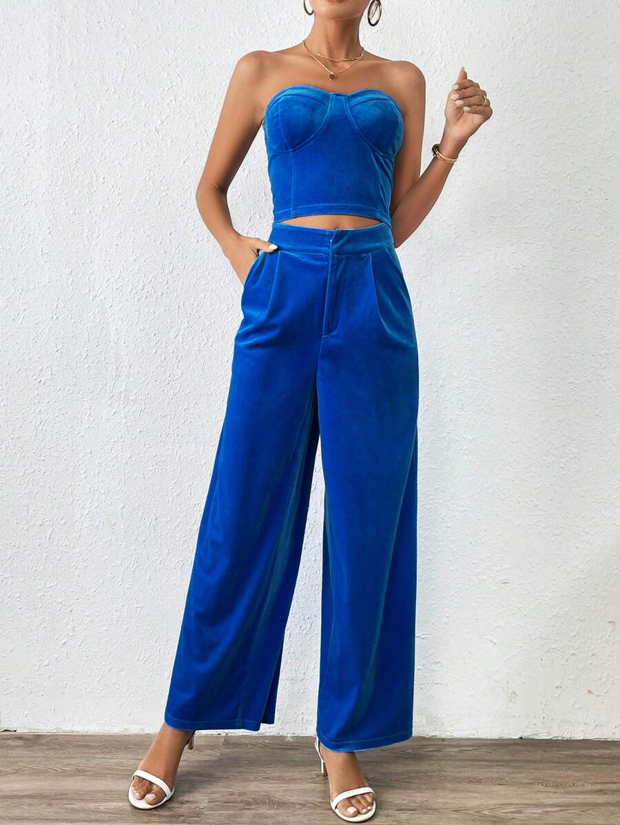 SHEIN Privé Của phụ nữ Màu thuần Áo Bandeau  Và Quần ống rộng Bộ - Màu xanh lam - Xem 1