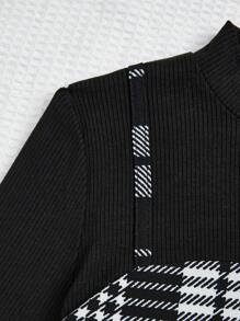 青少年女孩格紋印花假兩件洋裝