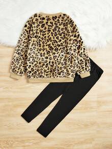 SHEIN Tween Girl Leopard Print Flannel Pullover & Leggings - Khaki - View 2