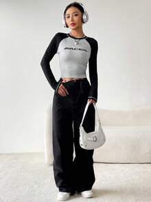 SHEIN EZwear Letter Graphic Raglan Sleeve Tee - Grey - View 4