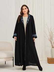 Al Najma Abrigo Con Solapa Y Bordado De Flores De Talla Grande (cinturón No Incluido) - Negro - Ver 1