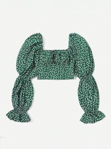 Soleia In hoa Ditsy tay áo lá sen Áo sơ mi Crop - màu xanh lá - Xem 3