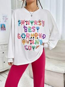 SHEIN EZwear Damen-t-shirt Mit Cartoon-buchstaben-print - Weiss - Übersicht 6