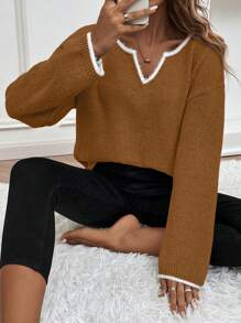 SHEIN Essnce Tương phản ràng buộc Cổ có Lỗ hổng Thả vai Áo len - màu nâu - Xem 1