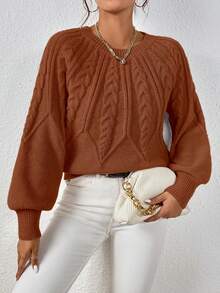 SHEIN Essnce Cable Knit Lantern Sleeve Sweater - Mocha Brown - View 7