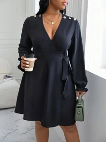 Calvaya Plus Button Detail Knot Side Wrap Dress - Black - View 1