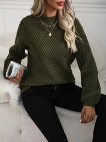 SHEIN LUNE Women'S Stand Collar Drop Shoulder Sweater - Army Green - View 5