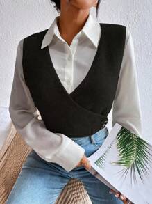 SHEIN VCAY 女式純色針織包身背心(無襯衫) - 黑色 - 查看 1