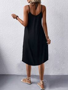 Solid Curved Hem Cami Dress - Black - View 2