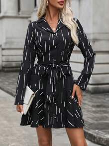 SHEIN LUNE Printed Turn-down Collar Buttoned Belted Dress - Black - View 5