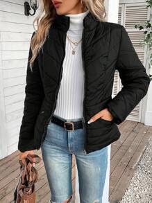 SHEIN Frenchy Solid Color Padded Coat With Zipper - Black - View 1