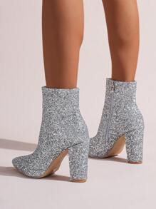 Giày bốt cao gót đến mắt cá chân cho nữ, Giày bốt gót dày mới cho mùa thu/đông, Giày bốt cao gót mũi nhọn, Giày bốt ôm vừa vặn, Thời trang Châu Âu và Mỹ, Giày bốt cho nữ, Trang phục dự tiệc - Bạc - Xem 2