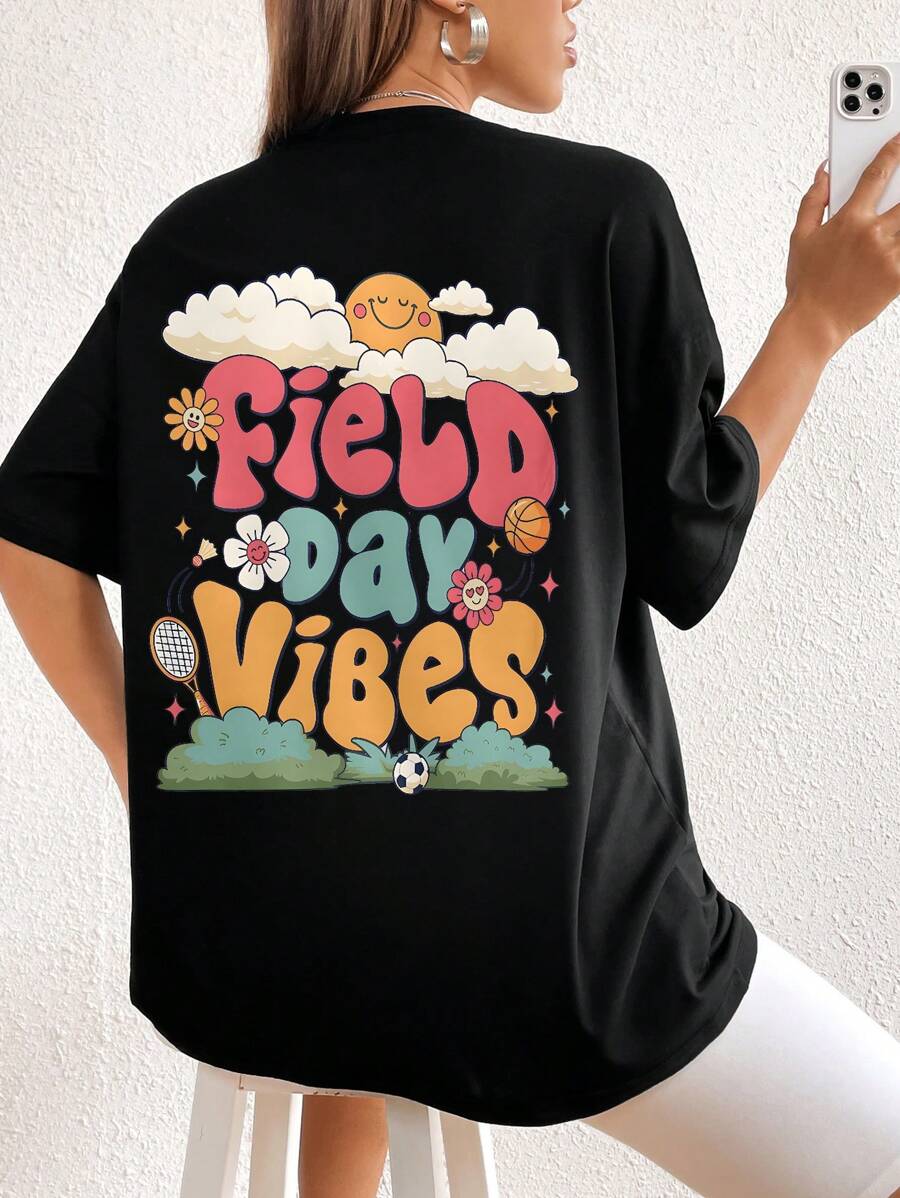 SHEIN EZwear Women's Cartoon Fun Printed Drop Shoulder T-shirt - Black - View 1