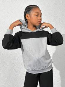 少女顏色街區垂墜肩運動連帽上衣 - 灰色 - 查看 5