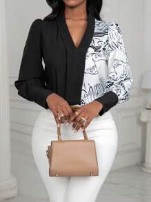 Zolique V-neck Lantern Sleeve Two-color Shirt - Multicolor - View 4