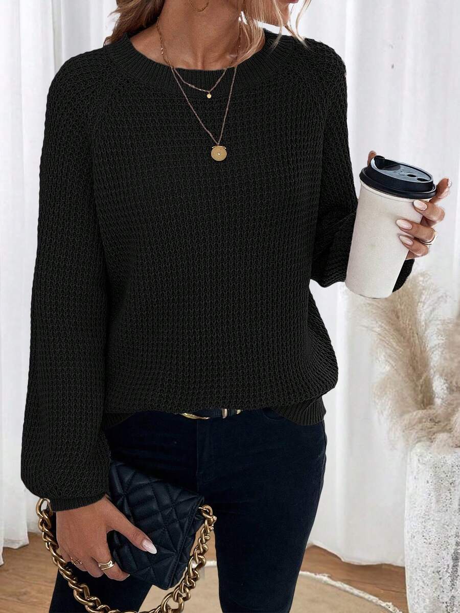 SHEIN Essnce 純色圓肩袖休閒女式毛衣 - 黑色 - 查看 1