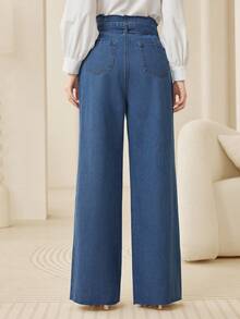 Mulvari 女款藍色寬鬆舒適高腰腰帶女士長款休閒時尚寬褲 - 中等水洗藍 - 查看 2