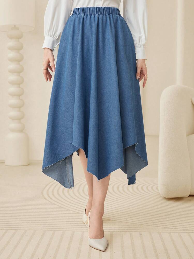 Women's Blue Asymmetrical Elastic High Waist Loose Comfortable Denim Skirt For Casual Or Semi-Formal Occasions