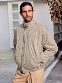 Manfinity Homme Abrigo acolchado con cierre de cremallera y botones a presión talla grande para hombre