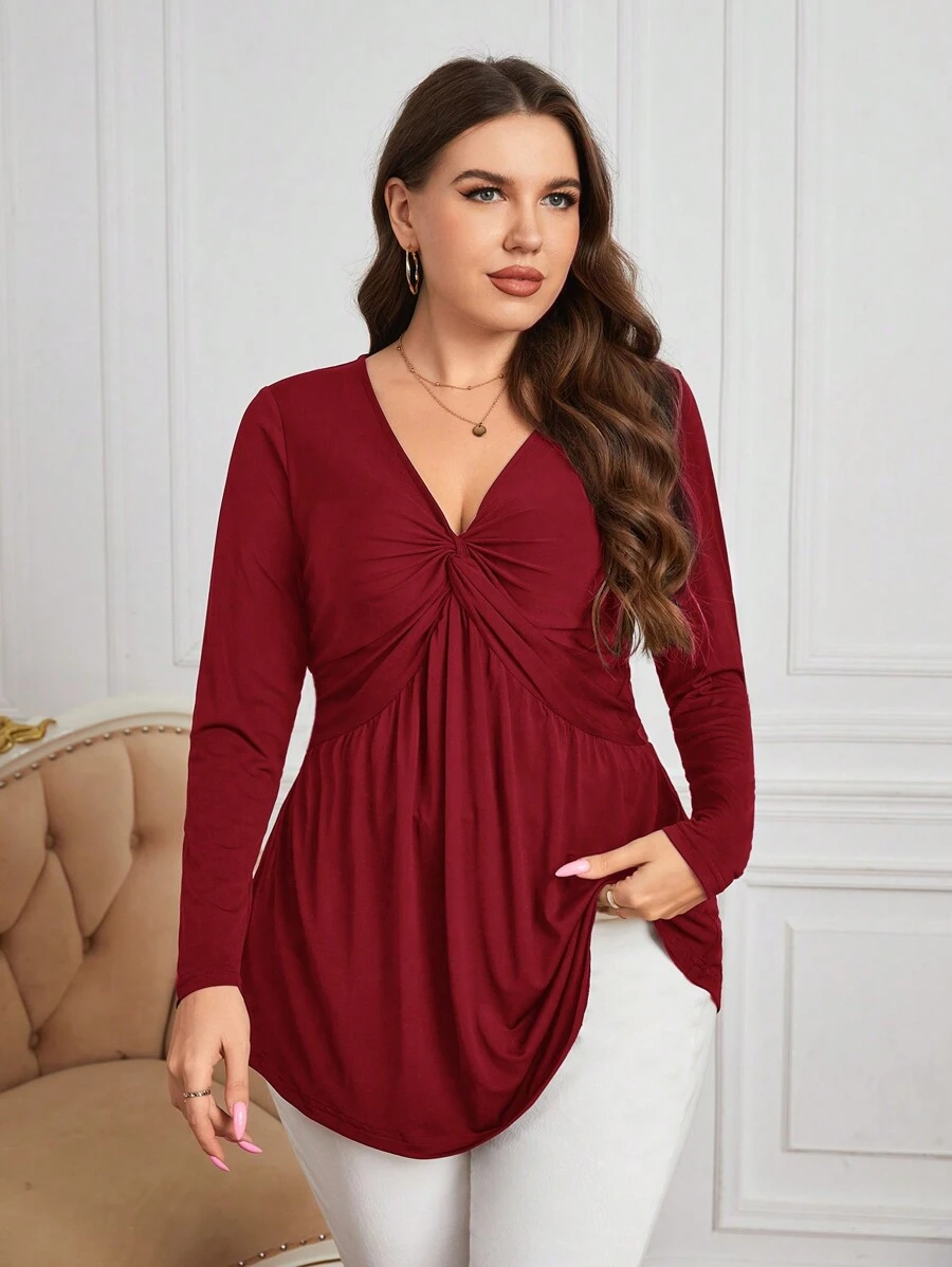 SHEIN Clasi Áo thun Plus Twist phía trước - Màu Đỏ Sâu - Xem 1