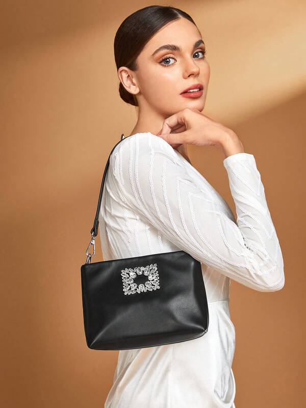 SHEIN Belle Singleshoulder Bag With Rhinestone Decoration, Black Soft