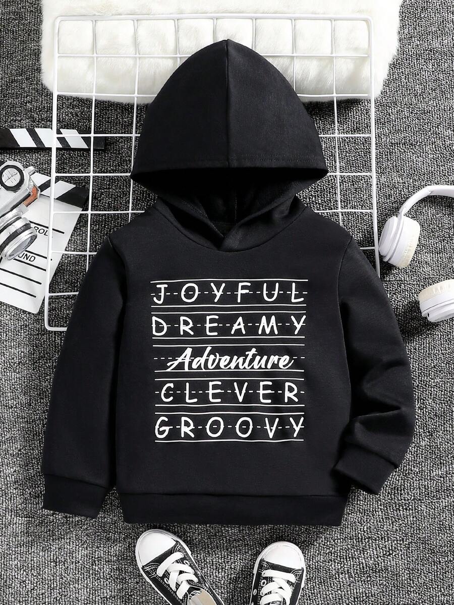 SHEIN 男童字母图案卫衣 - 黑色 - 查看 1