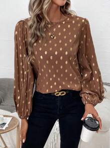 SHEIN Clasi Chấm bi Tay áo lồng đèn Áo sơ mi - Cà phê nâu - Xem 6