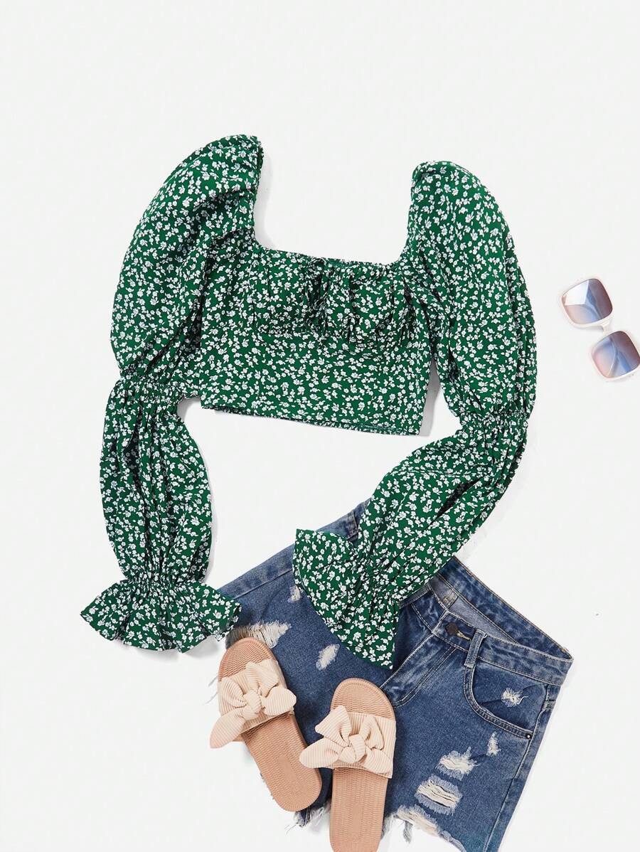 Soleia Blusa Corta Con Mangas De Volantes Y Estampado Floral Pequeño - Verde - Ver 1