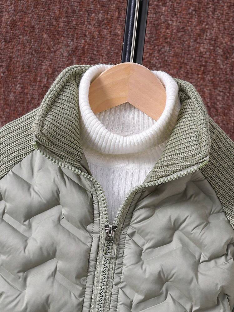 Toddler Girls' Thick Knitted Warm Zipper Coat With Quilted Panels