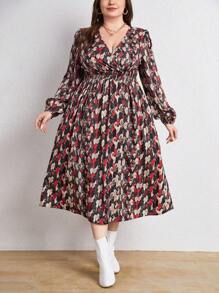 SHEIN Frenchy Plus Allover Print Surplice Neck Lantern Sleeve Dress - Black - View 4