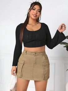 SHEIN EZwear 大尺碼女士短版牛仔工作短裙 - 卡其色 - 查看 3