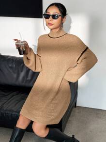 SHEIN Unity 女用短版針織毛衣連身裙,撞色下擺 - 棕色 - 查看 1