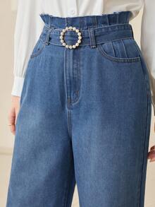 Mulvari 女款藍色寬鬆舒適高腰腰帶女士長款休閒時尚寬褲 - 中等水洗藍 - 查看 6