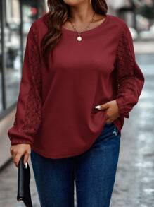 Calvaya 大碼蕾絲拼接燈籠袖T恤 - 酒紅色 - 查看 4