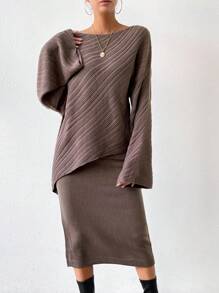 SHEIN Clasi 船領落肩袖毛衣和針織裙 - 巧克力棕 - 查看 3