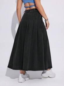 SHEIN EZwear Túi nghiêng Tách đùi Váy Denim - Màu Xám nhạt - Xem 3