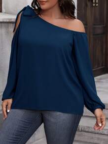 SHEIN LUNE Plus Asymmetrical Neck Knot Shoulder Lantern Sleeve Blouse - Navy Blue - View 4