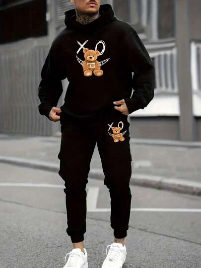 Manfinity BRENVOR Sudadera con capucha y pantalones de chándal con gráfico de oso y dibujos animados para hombres, conjunto de jogger, gráfico, urbano, liso, casual, ropa de otoño