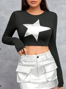 SHEIN PETITE Ladies' Long Sleeve Cropped T-shirt With Star Print - Black - View 3